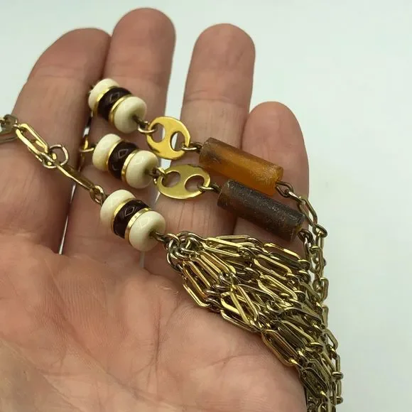 VINTAGE Gold Tone Tassel Beaded Pendant Retro Necklace, Disco Party Studio 54 - Picture 12 of 16